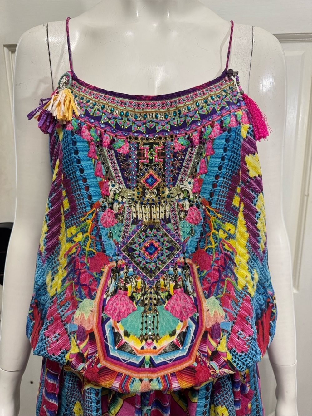 Camilla Pastel Floral Ikat Embroidered Top in Pink, Blue, Purple Size Medium - Picture 16 of 16